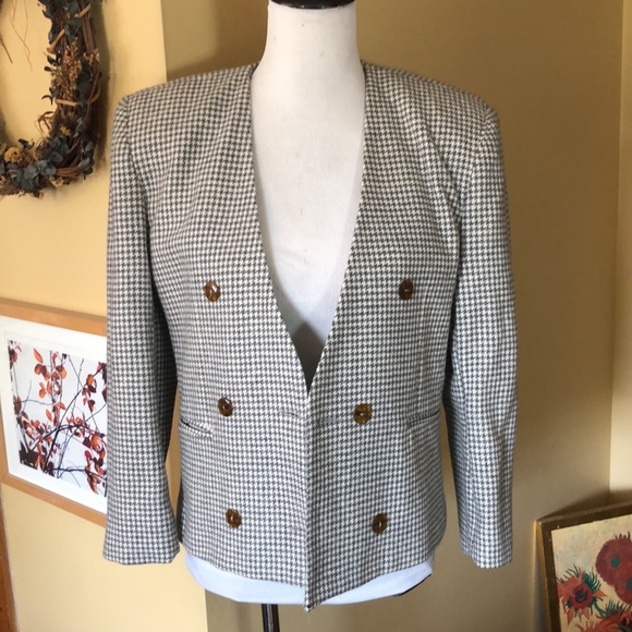 Vtg 90s Y2K DAVID N Houndstooth Plaid Wool Blazer Soft Gray & Ecru Crop DoubleB - Picture 7 of 10